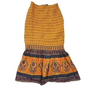 J. Crew Smocked Midi Skirt Size 0 Sunny Block Print Yellow Mermaid Skirt